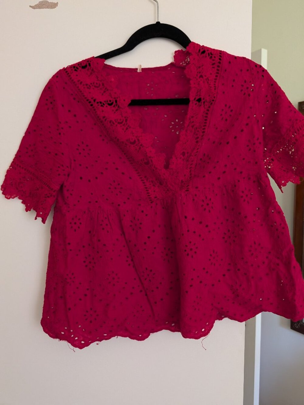 Raspberry Eyelet Broderie Anglaise Crop Top Lace Trim V-Neck Size 2